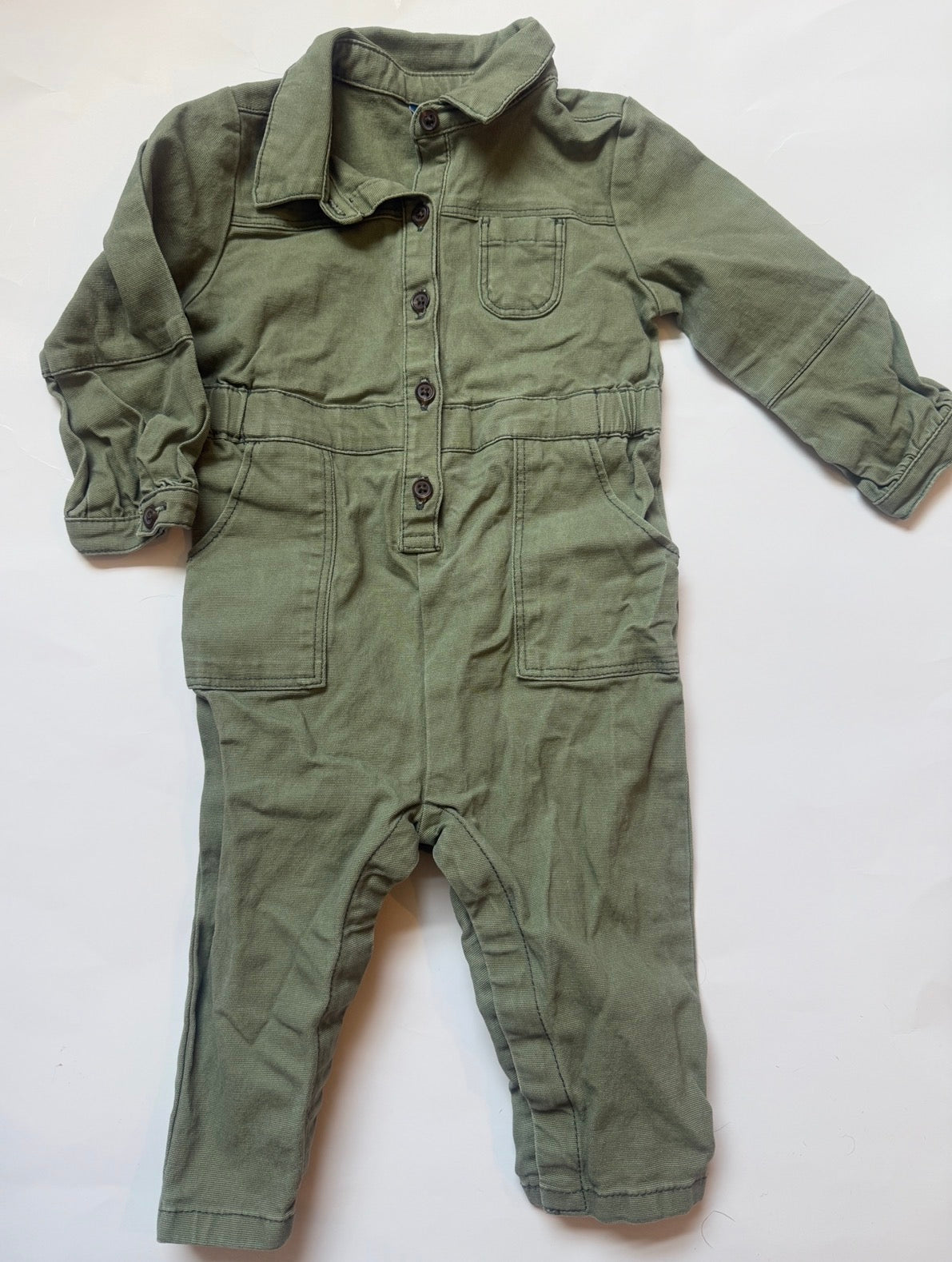 #170 Old Navy Olive Canvas Jumpsuit girls 12-18 months