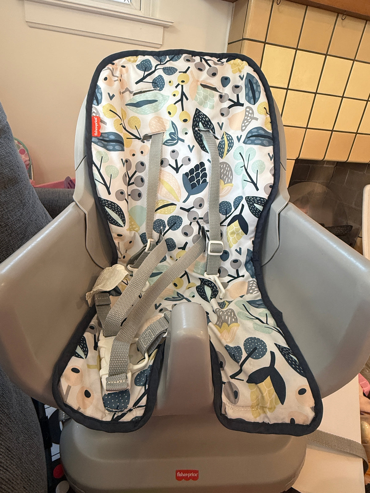 #170 Fisher Price Fisher-Price SpaceSaver High Chair Navy Foliage, portable infant-to-toddler dining chair and booster seat with easy clean up features
