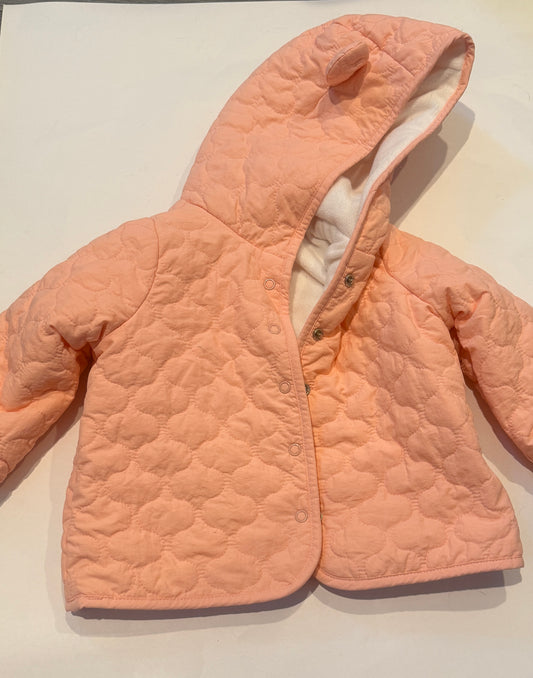 #170 First Impressions peach quilted fleece lined jacket with bear ears girls 12 months
