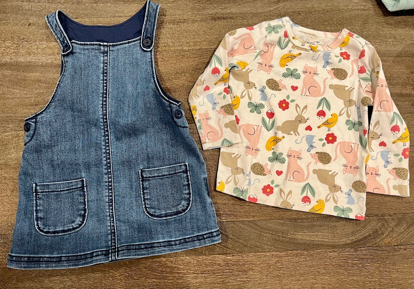 Seller #55 Carters 12 Month Girls Jean jumper dress with spring long-sleeve shirt