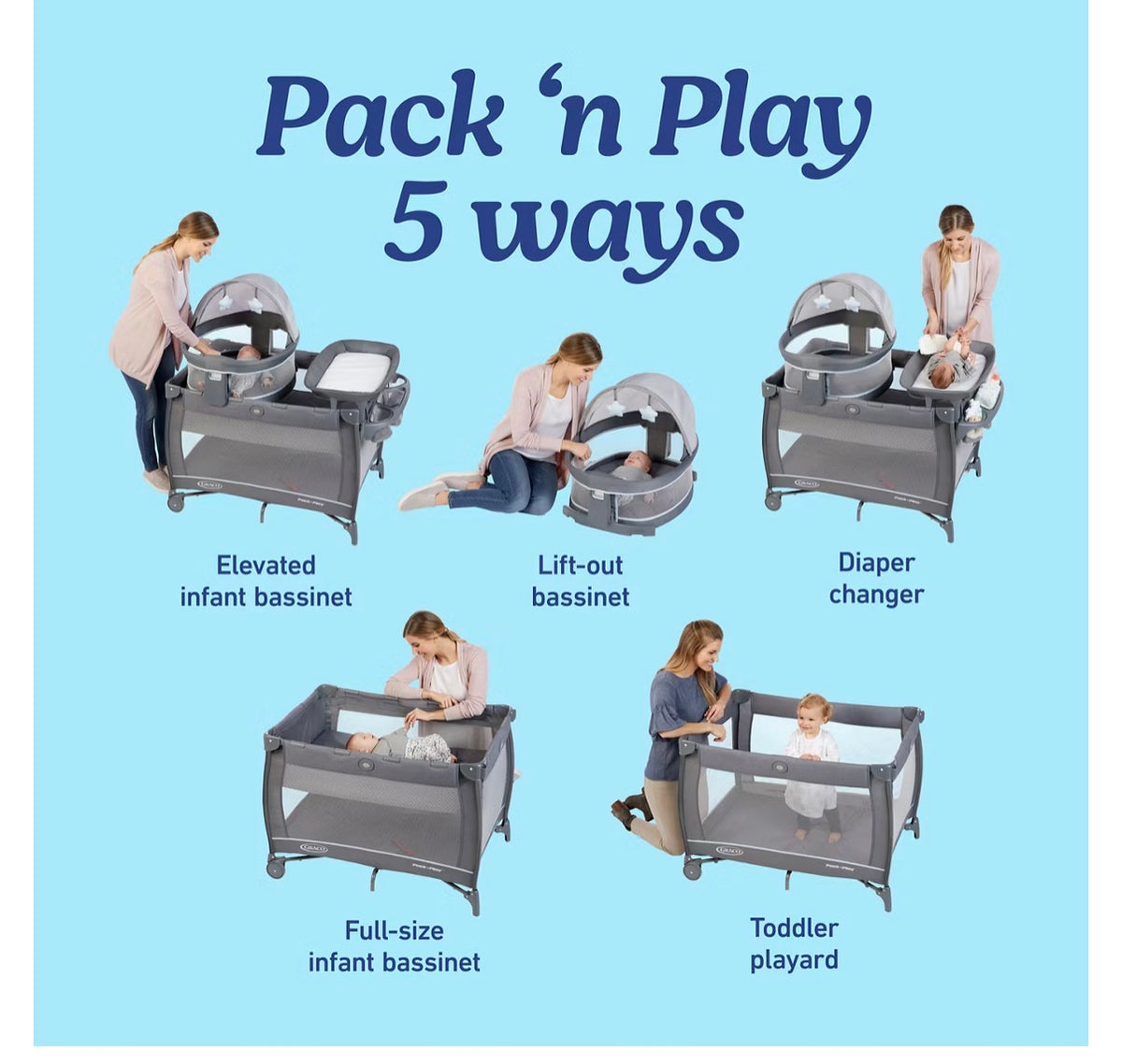 #170 Graco Pack n Play Travel Dome LX playard—removable bassinet, changing station, side storage, bassinet insert
