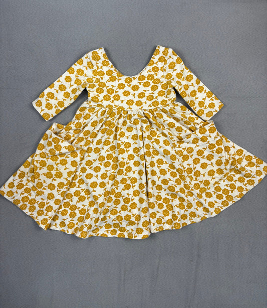 #39 2T, Girls, Remie Girl, mustard floral twirl dress