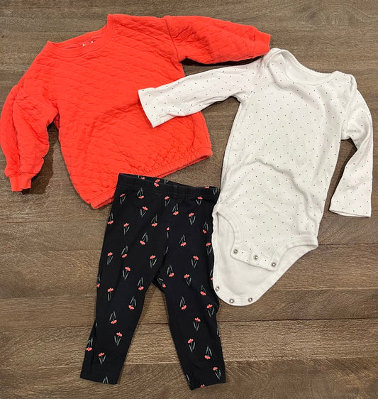 Seller #55 Carters 12 month 3 piece set black floral pants, coral/red top