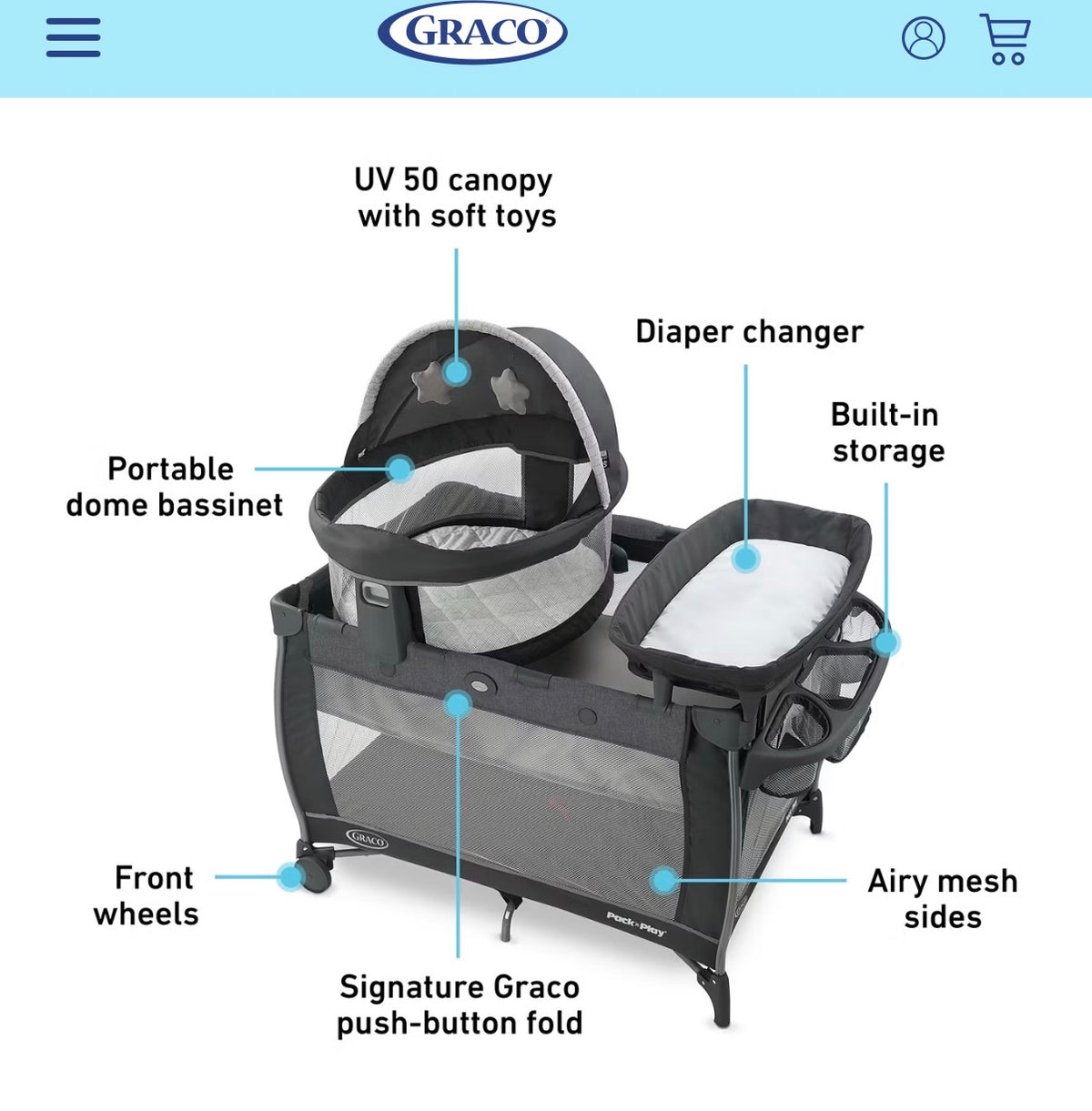 #170 Graco Pack n Play Travel Dome LX playard—removable bassinet, changing station, side storage, bassinet insert