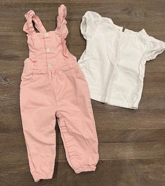 Seller #55 Carters 18 Month Girls light pink ruffle overalls and white short-sleeve blouse