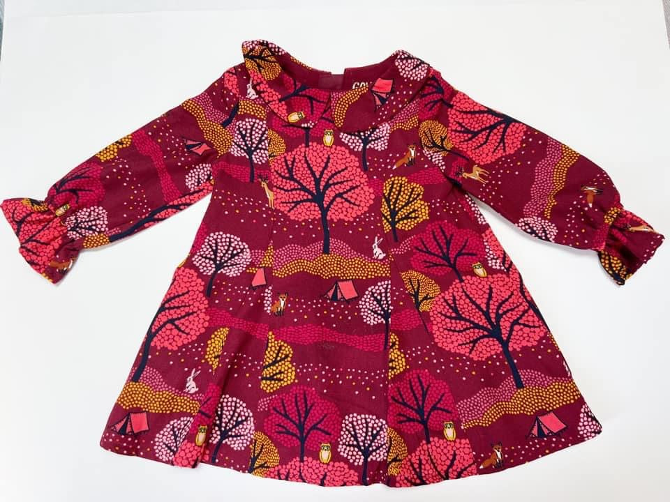 #4. Girls 18mo burgundy fall tree dress with Peter Pan collar and bell sleeves, EUC