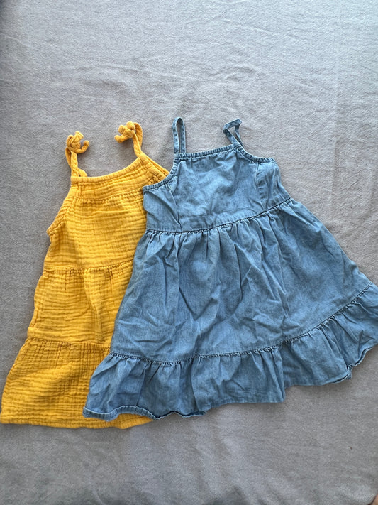18mo girls tiered dresses (2), chambray & yellow, VGUC