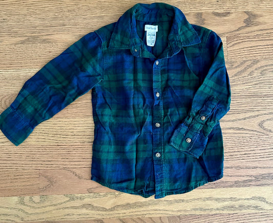 #198- Boys, Carters, Navy & Green Plaid Button-up Shirt- Size 2T