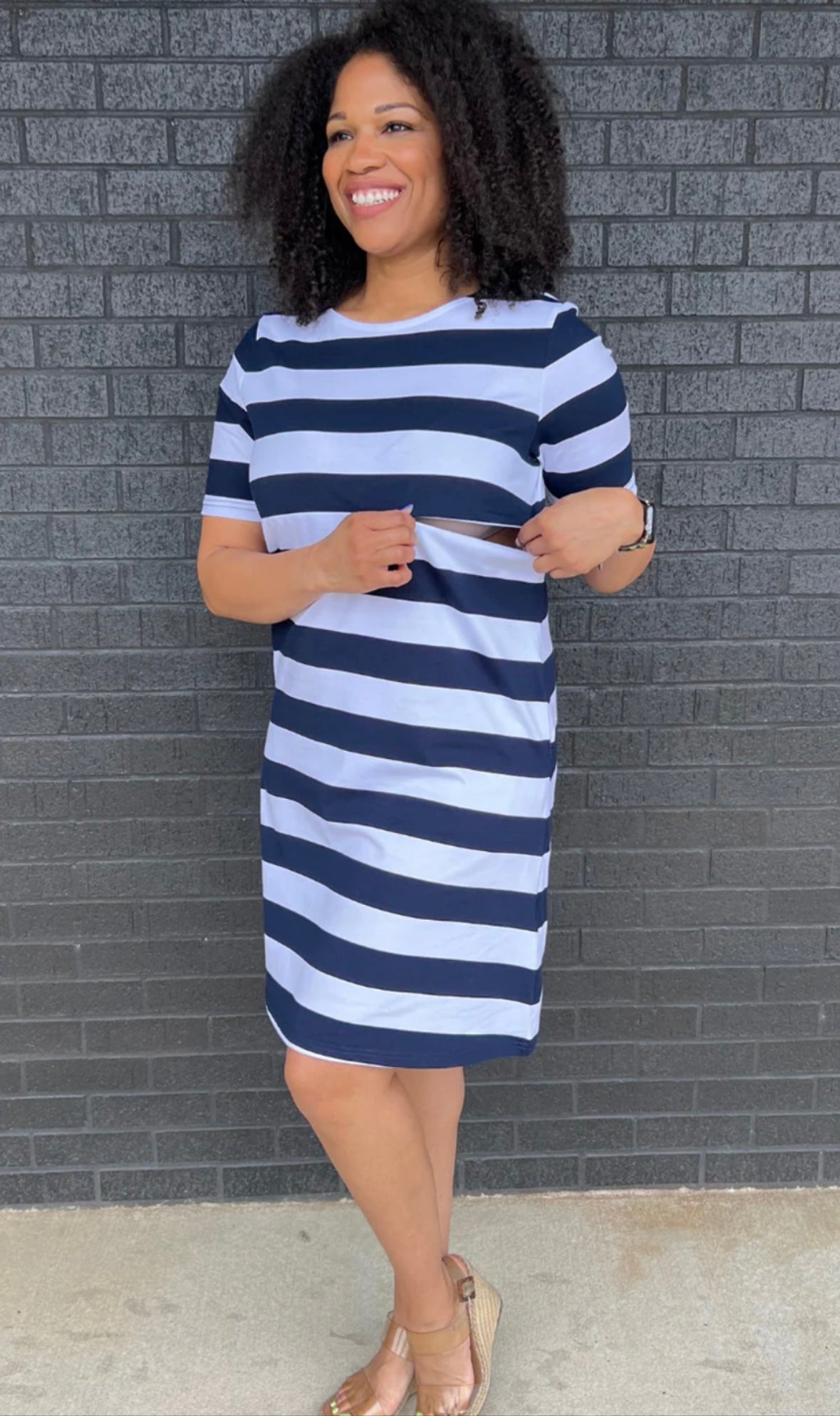 Seller 189 Women’s XL Nursing Queen Navy/White Wide Stripe Nursing Dress with Pockets GUC
