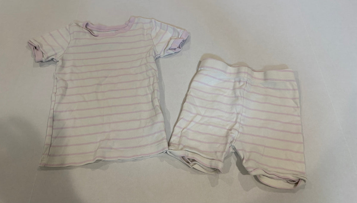 #25 Girls 5T Old Navy pjs cream with purple stripes short sleeves and shorts