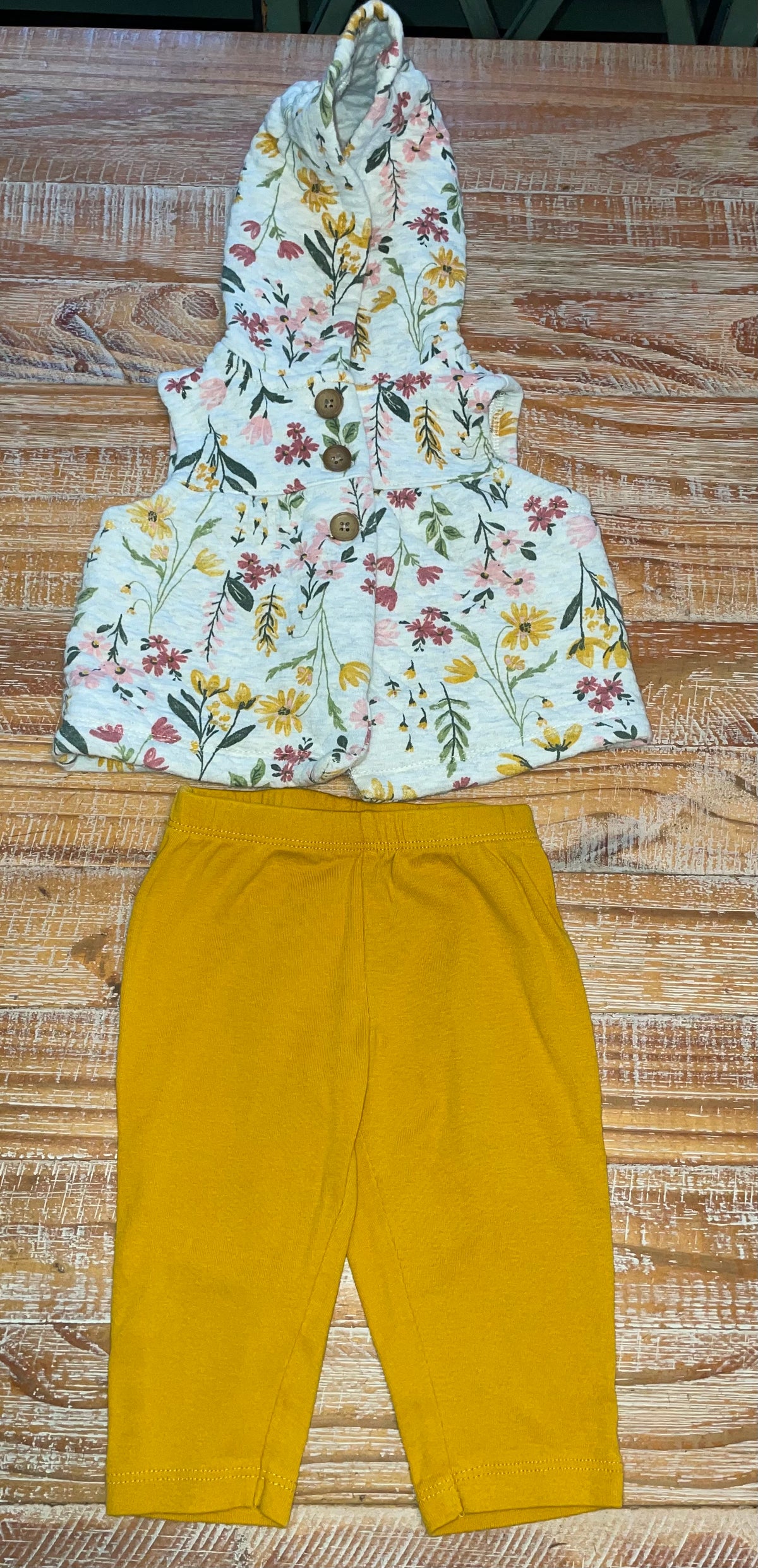 #4 Carter’s Floral Hooded Vest and Yellow Leggings Girls 6 months