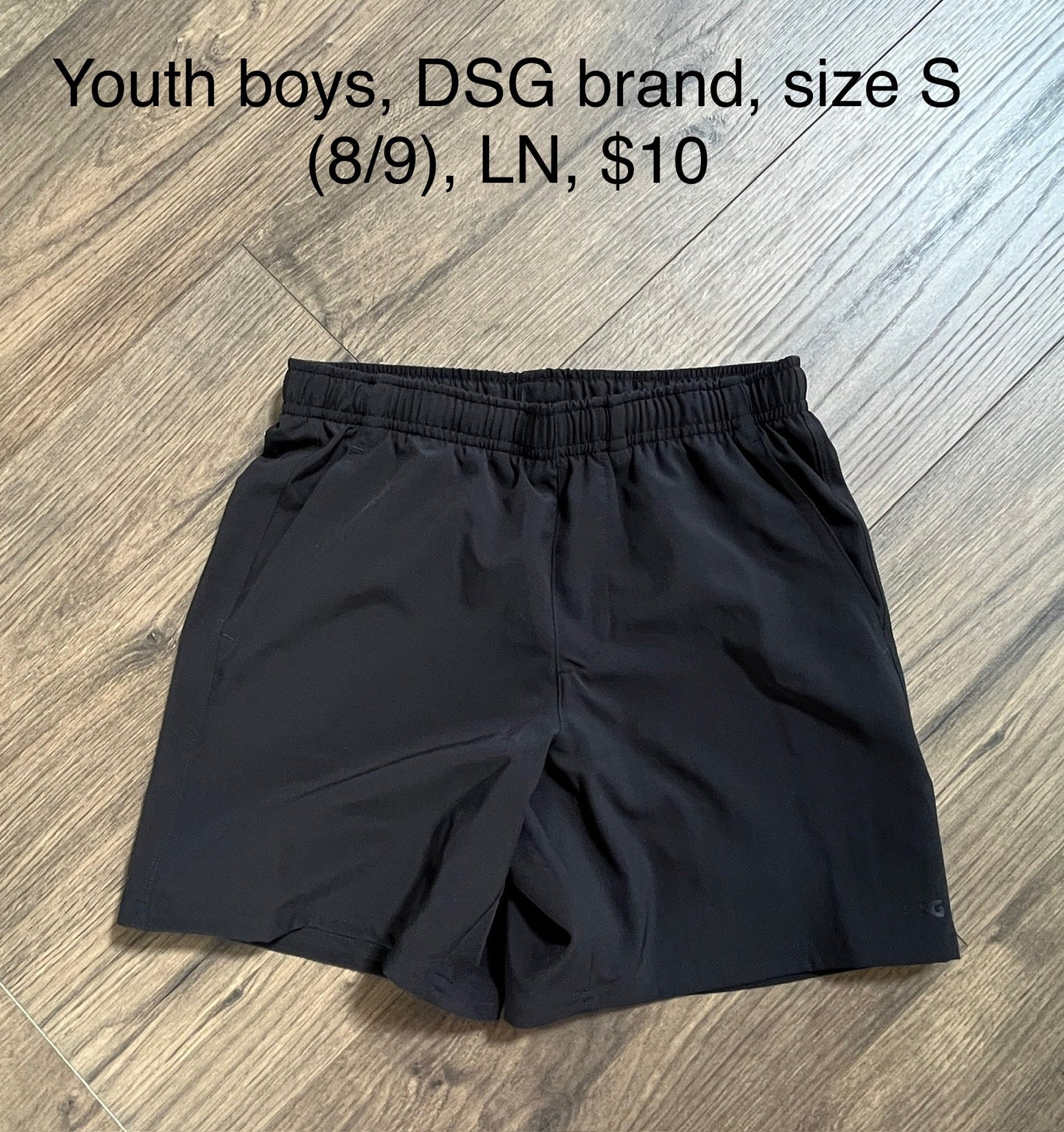 137 Boys (2 Pairs of shorts)  Small DSG brand black short  LN and Russell  Blue shorts Size Small MULTIPLE PICTURES