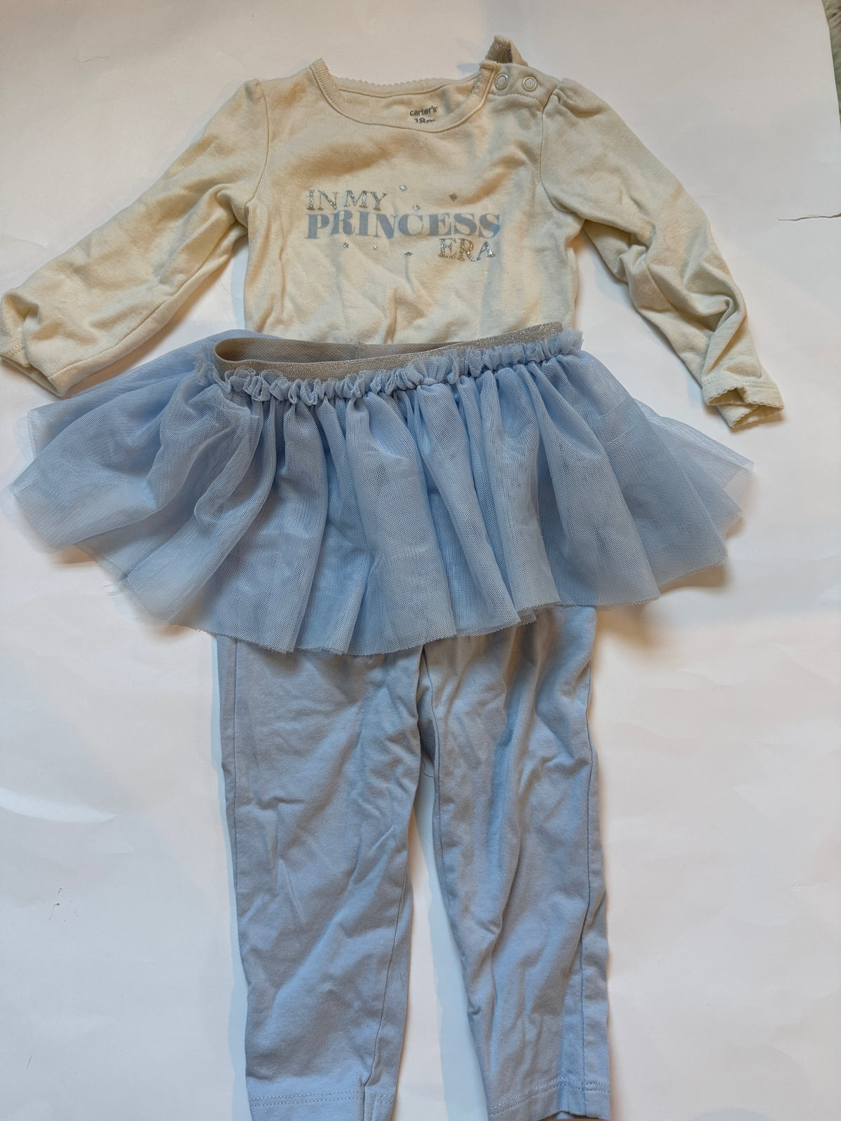 #170 Carters “in my princess era” white long sleeved body suit with matching blue tulle skirted pants girls 18 months