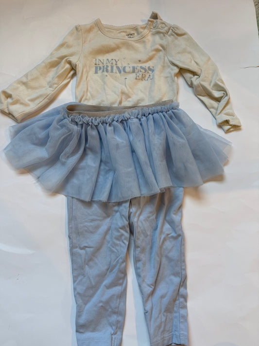 #170 Carters “in my princess era” white long sleeved body suit with matching blue tulle skirted pants girls 18 months