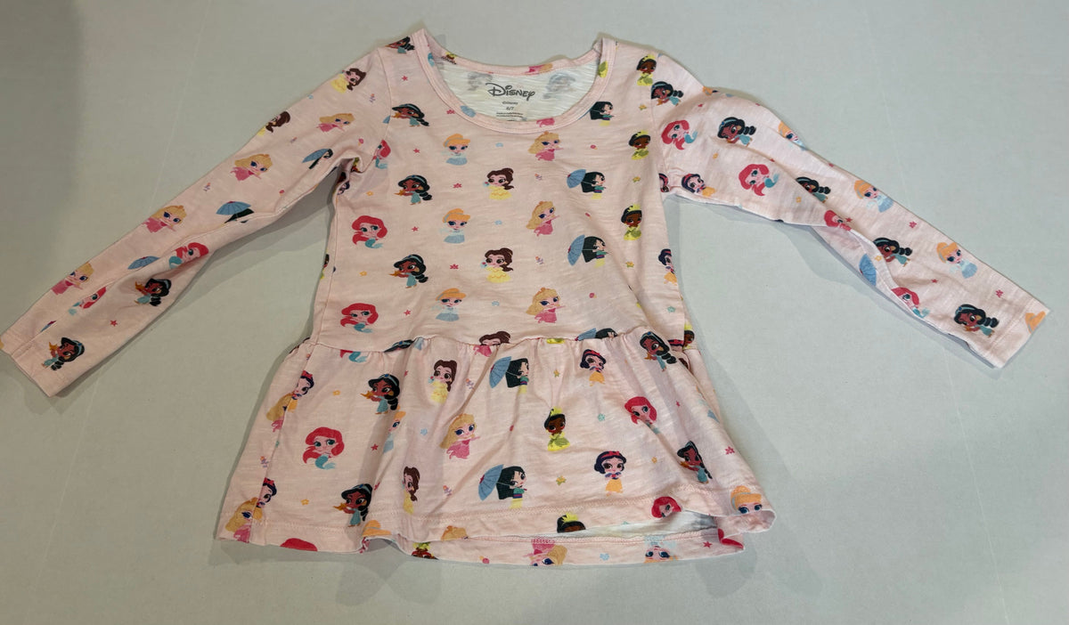 #25 Girls Monica + Andy size 6/7 but fits more like 6 pink long sleeve Disney princesses peplum shirt