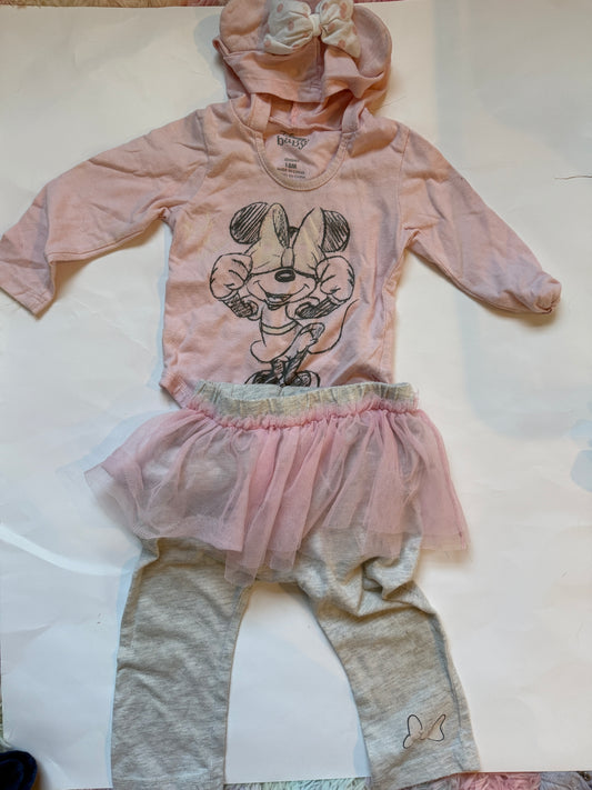#170 Disney Minnie body suit with Minnie ear hood and tulle skirted pants with Minnie bow on leg girls 18 months