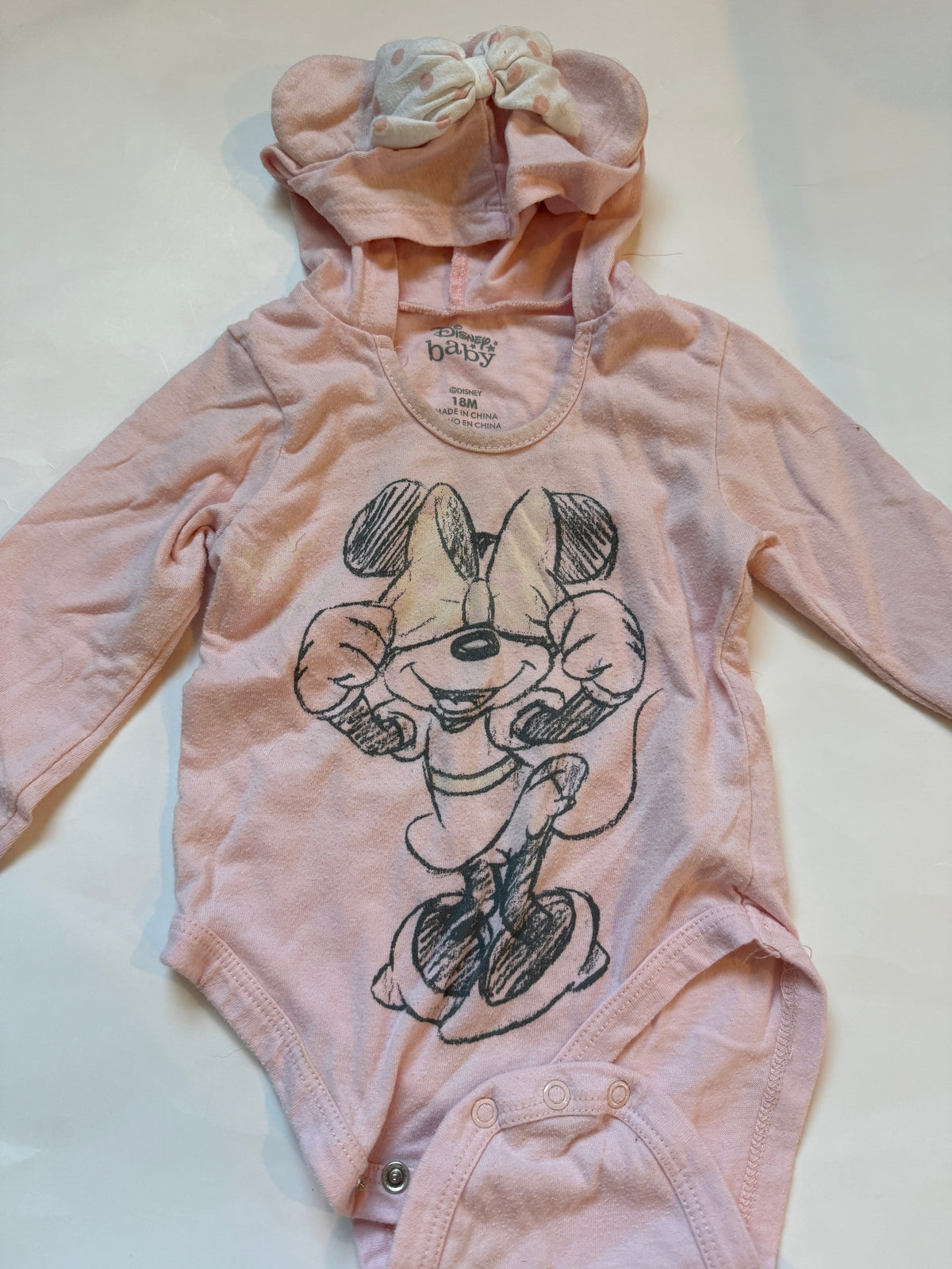 #170 Disney Minnie body suit with Minnie ear hood and tulle skirted pants with Minnie bow on leg girls 18 months