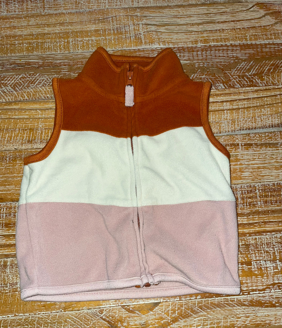 #4 Carter's Brown, White and Pink Striped Zip-Up Fleece Vest Girls 9 months