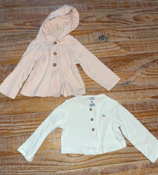 #4 Carter's Pink Hooded Long Sleeve and White Buttoned Cardigan Girls 9 months