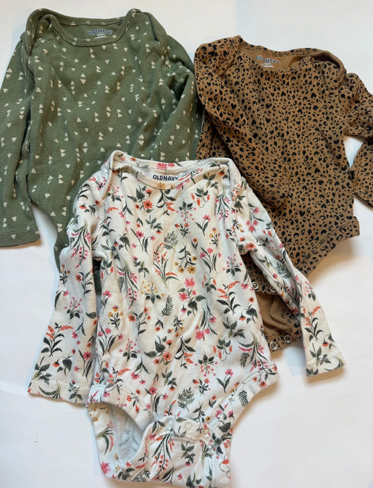 #170 Old Navy long sleeve body suit bundle (3)- cheetah print, cream with colorful flowers and green wiry geometric design girls 18 months