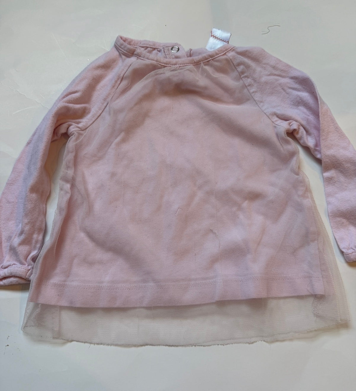 #170 Shirt bundle— carters light pink with tulle long sleeve shirt and baby gear long sleeve shirt with lace heart and lace around bottom. Girls 18 months