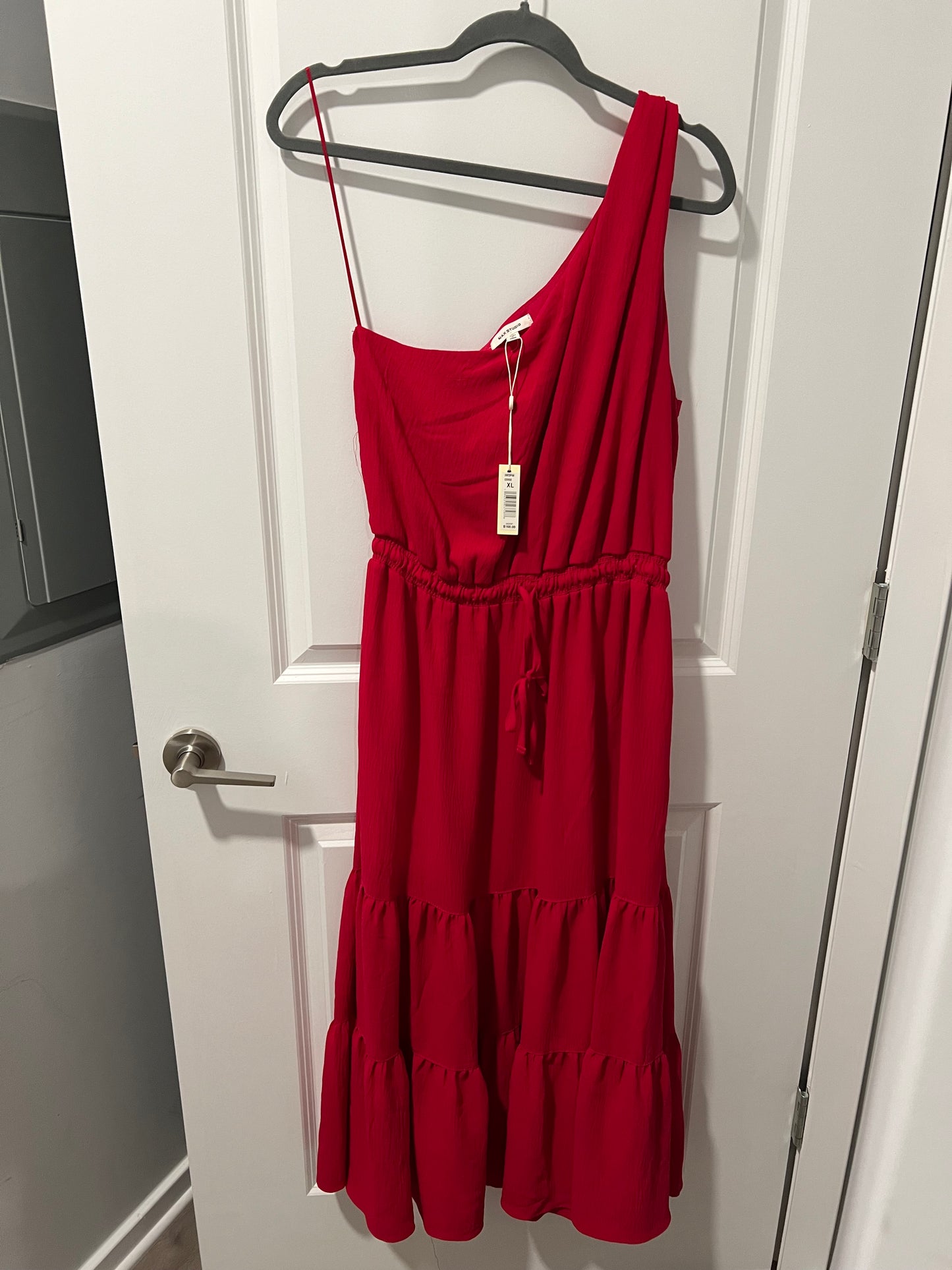 Seller #76 - Max Studio One Shoulder Dress Size Xtra Large Red Tiered Ruffles Tie Waist