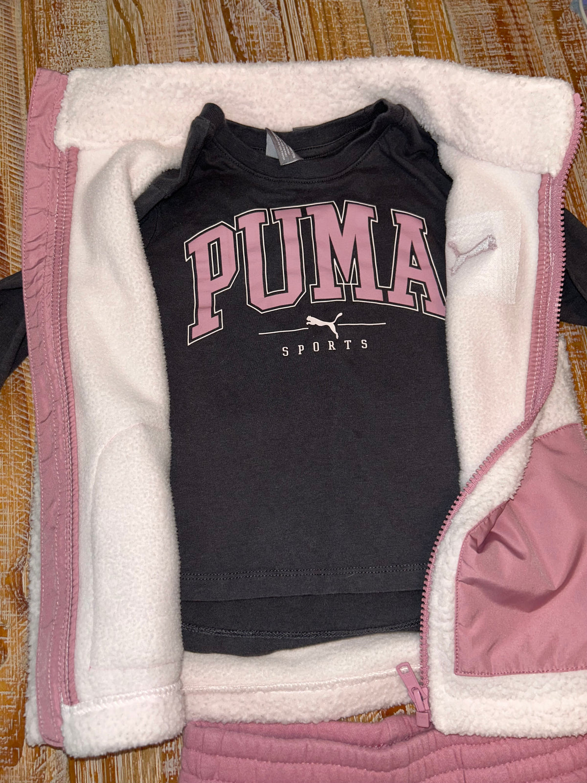 #4 Puma Pink and Grey 3 Piece Outfit with Long Sleeve, Fleece Vest, and Sweatpants Girls 5T