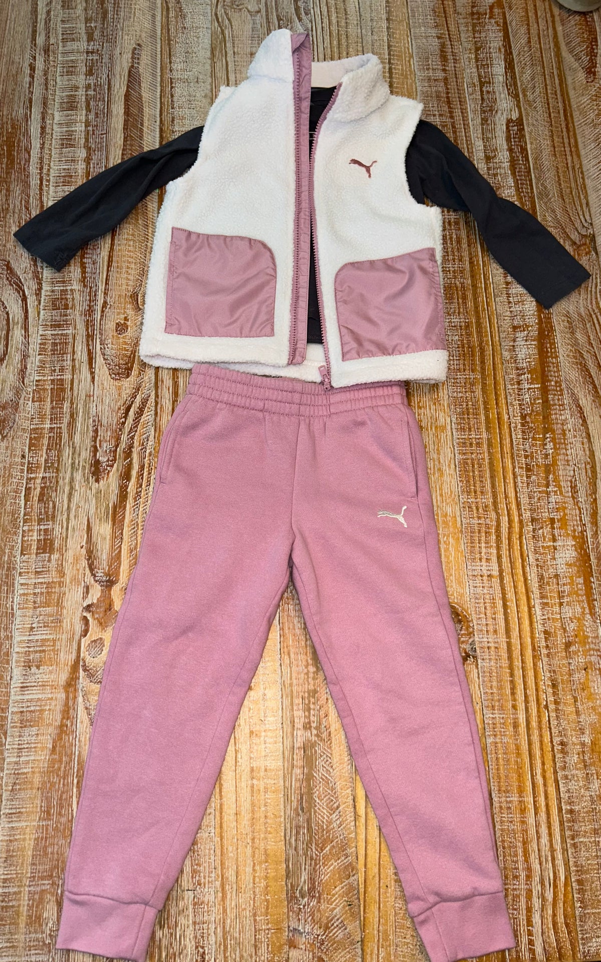 #4 Puma Pink and Grey 3 Piece Outfit with Long Sleeve, Fleece Vest, and Sweatpants Girls 5T