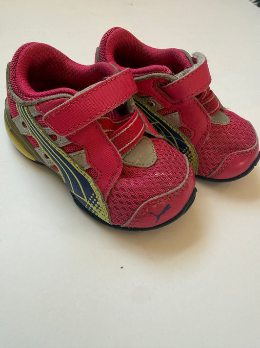 #170 Puma bright pink with green and blue tennis shoes girls 5C