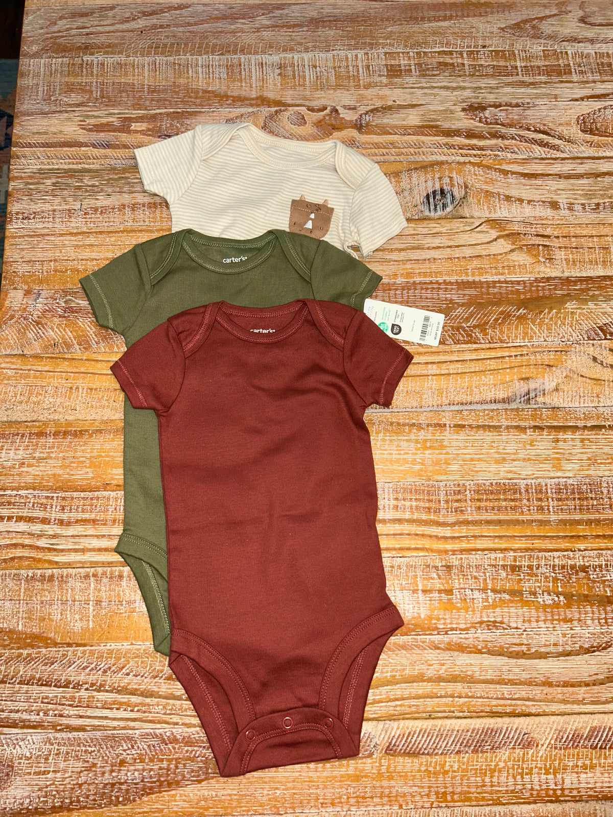 #4 Carter’s Maroon, Green, and Beige Onesie Bundle (3) NWT Boys 6 months