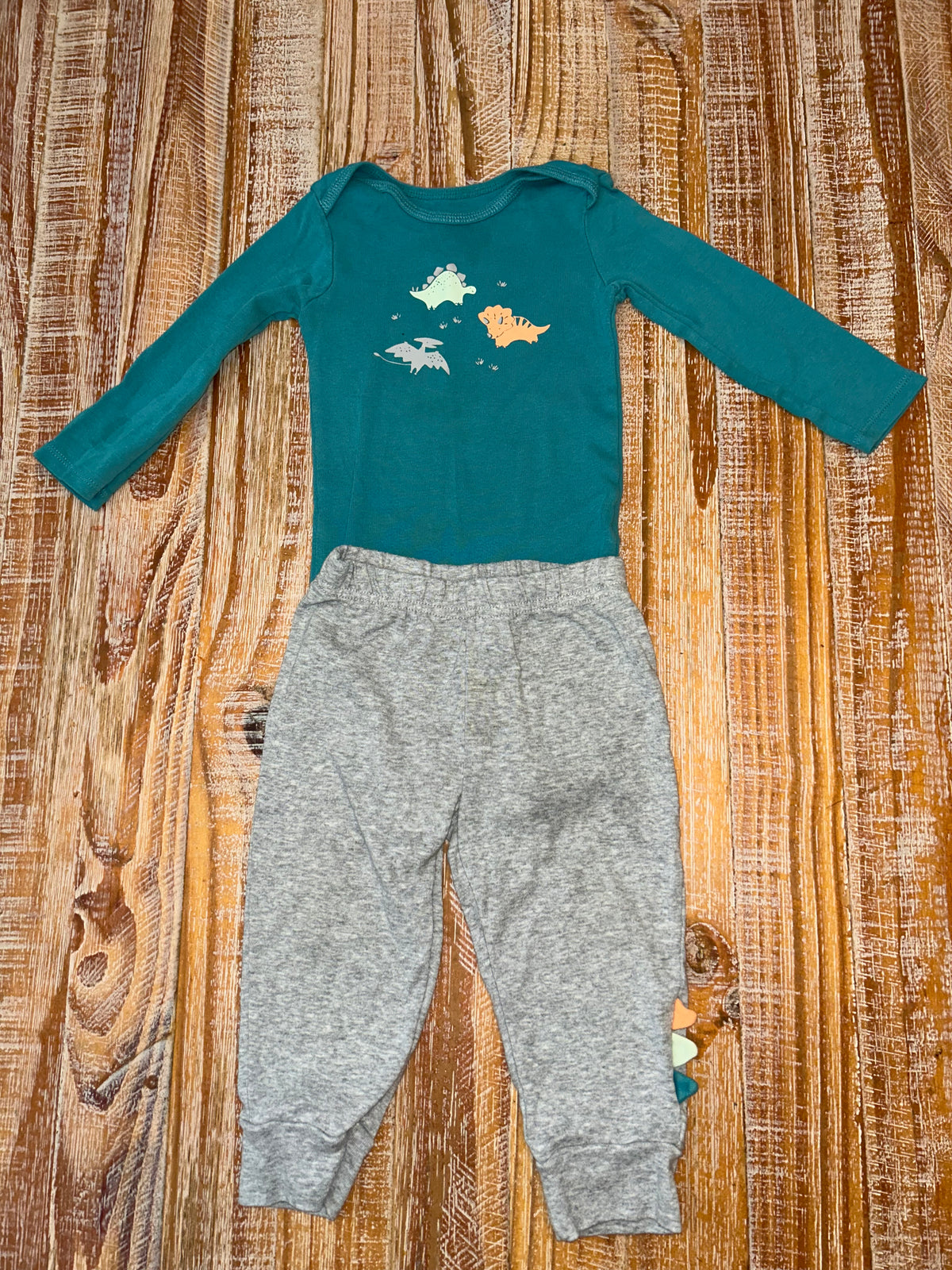 #4 Just One You by Carter’s Teal Dinosaur Long Sleeve Onesie with Grey pants Boys 18 months