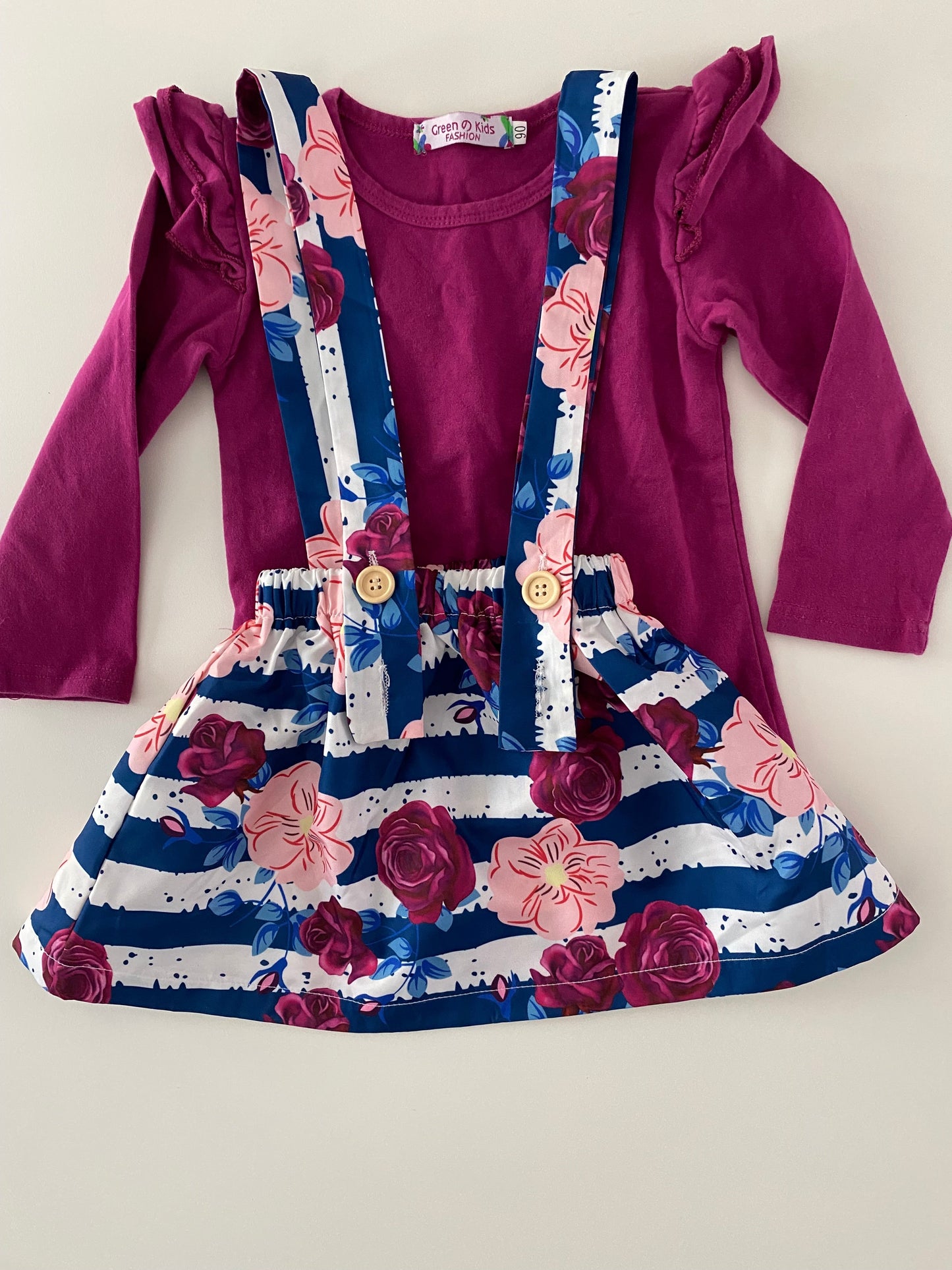 #117, Girls 18M, Bailey’s Blossoms khaki skirt, flower skirt, and magenta top bundle,VGUC, *Reduced*
