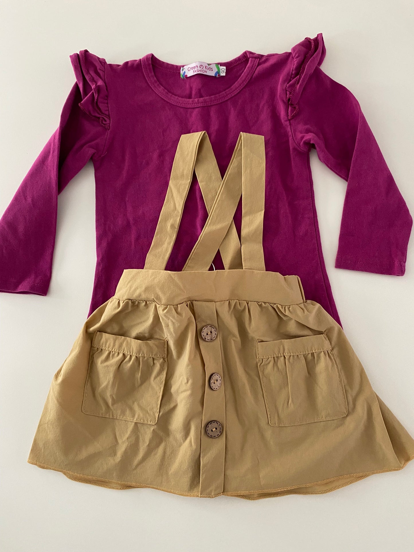 #117, Girls 18M, Bailey’s Blossoms khaki skirt, flower skirt, and magenta top bundle,VGUC, *Reduced*
