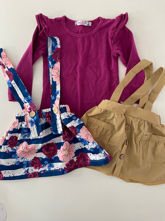 #117, Girls 18M, Bailey’s Blossoms khaki skirt, flower skirt, and magenta top bundle,VGUC, *Reduced*