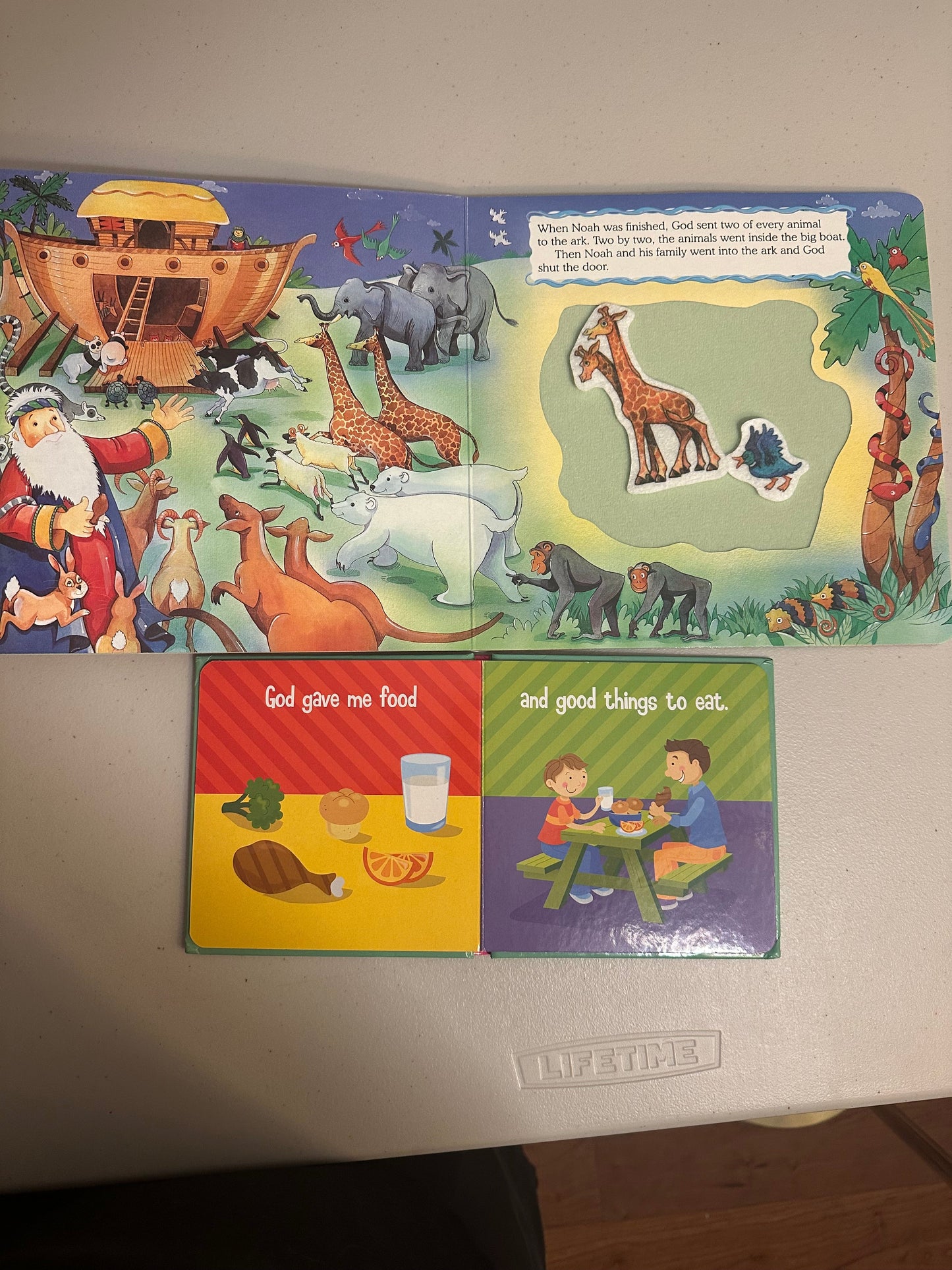 #85 REDUCED Pair Christian Books- Noah’s Ark Felt Play and God Cares for Me
