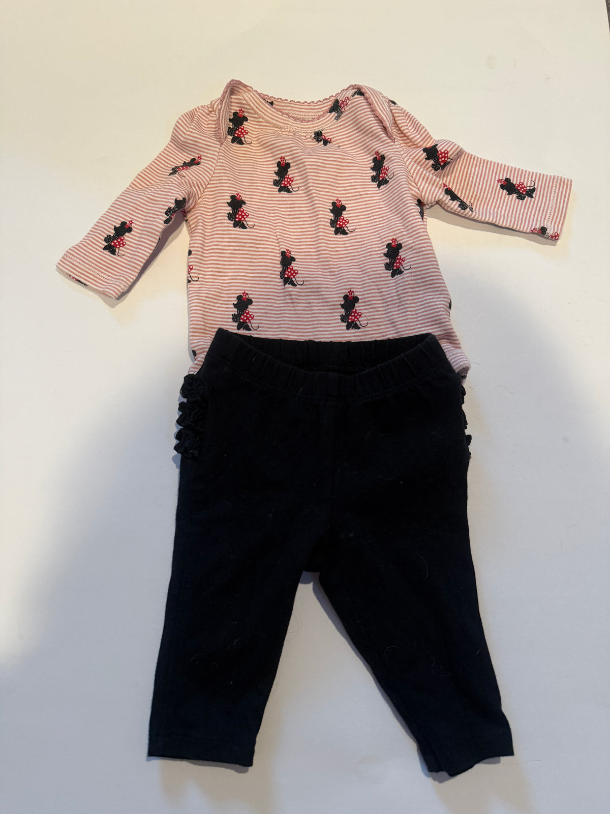 #170 Gap and Old Navy Minnie outfit   Gap body suit red stripes with Minnie silhouette and Old Navy black ruffle butt pants girls 0-3 months