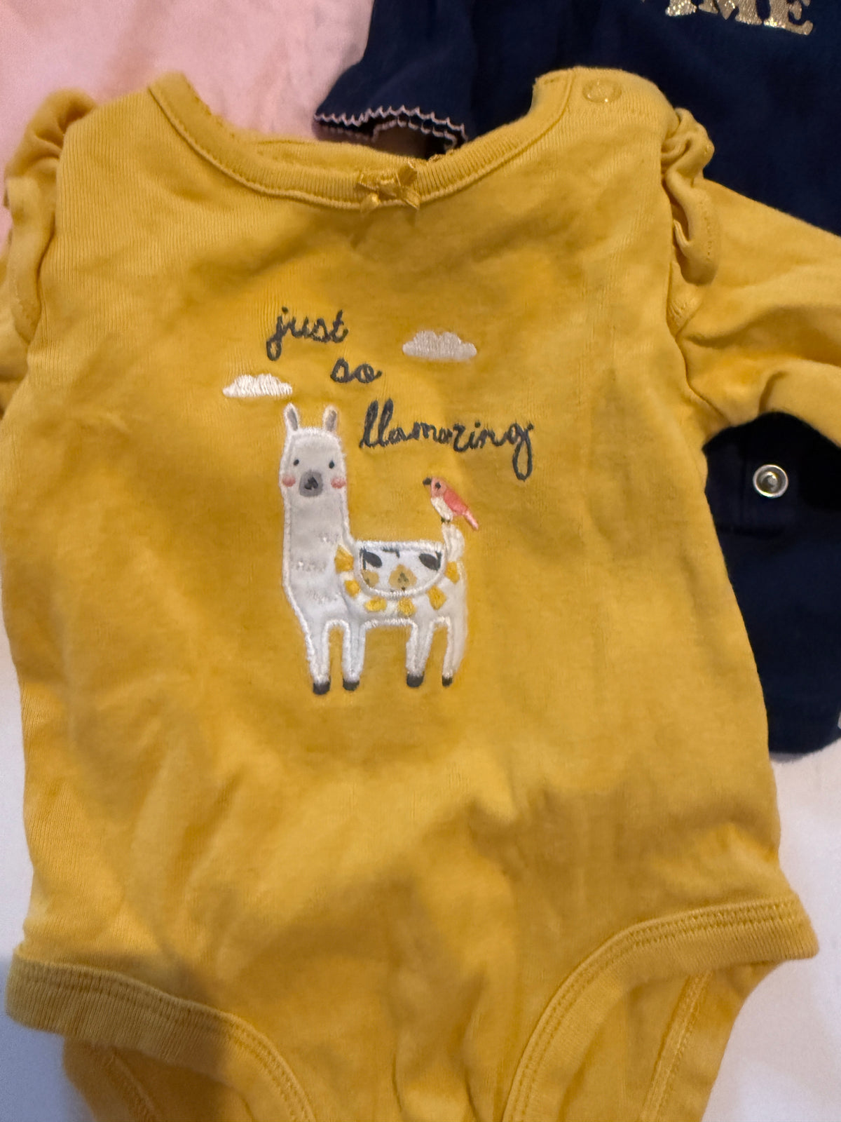 #170 Carter’s body suit bundle (3)—yellow “Just so Llamazing: with llama, navy riddle sleeve “Extra cute all the time” and pink swans “hello cutie” girls 3 months