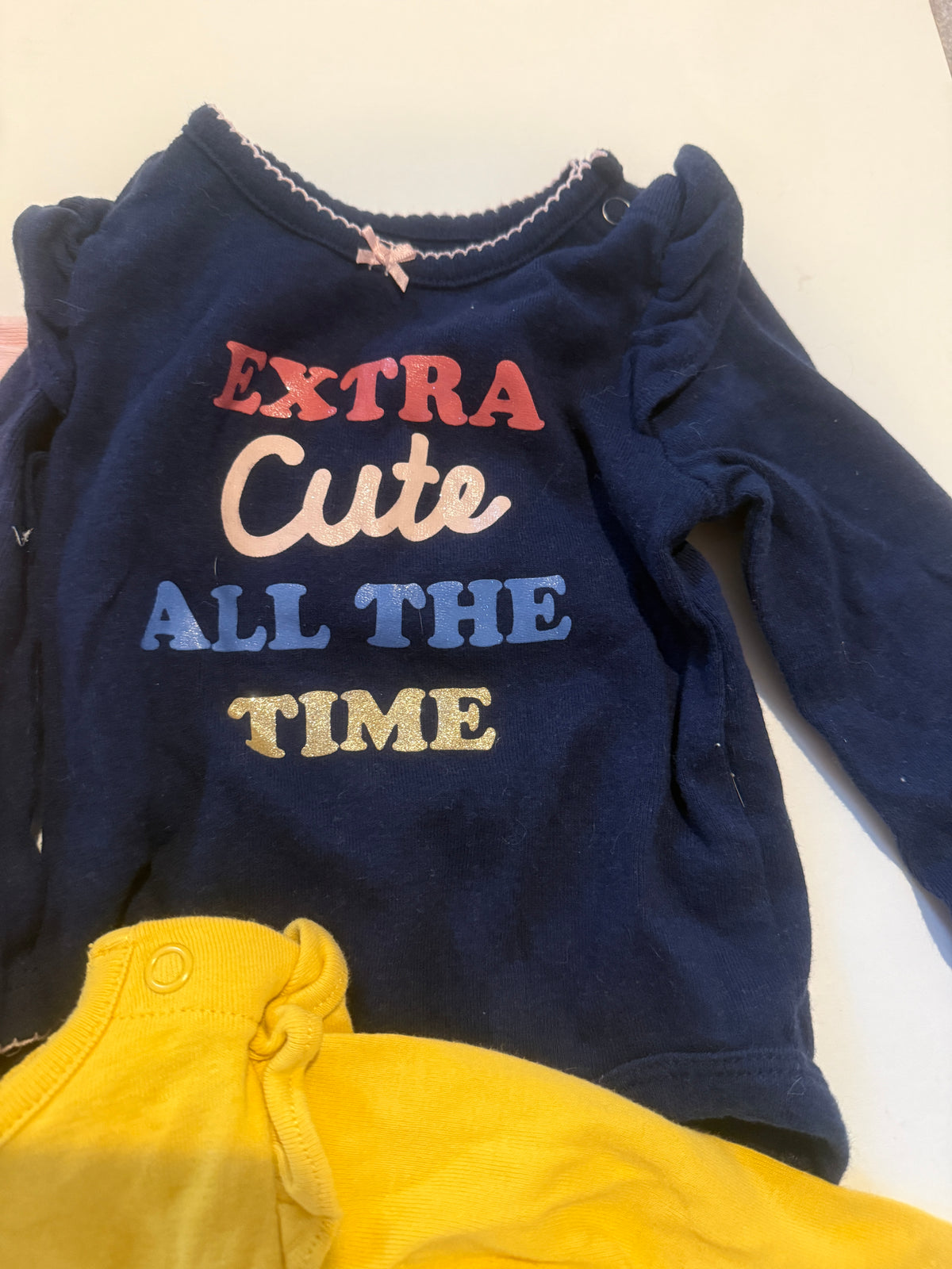 #170 Carter’s body suit bundle (3)—yellow “Just so Llamazing: with llama, navy riddle sleeve “Extra cute all the time” and pink swans “hello cutie” girls 3 months