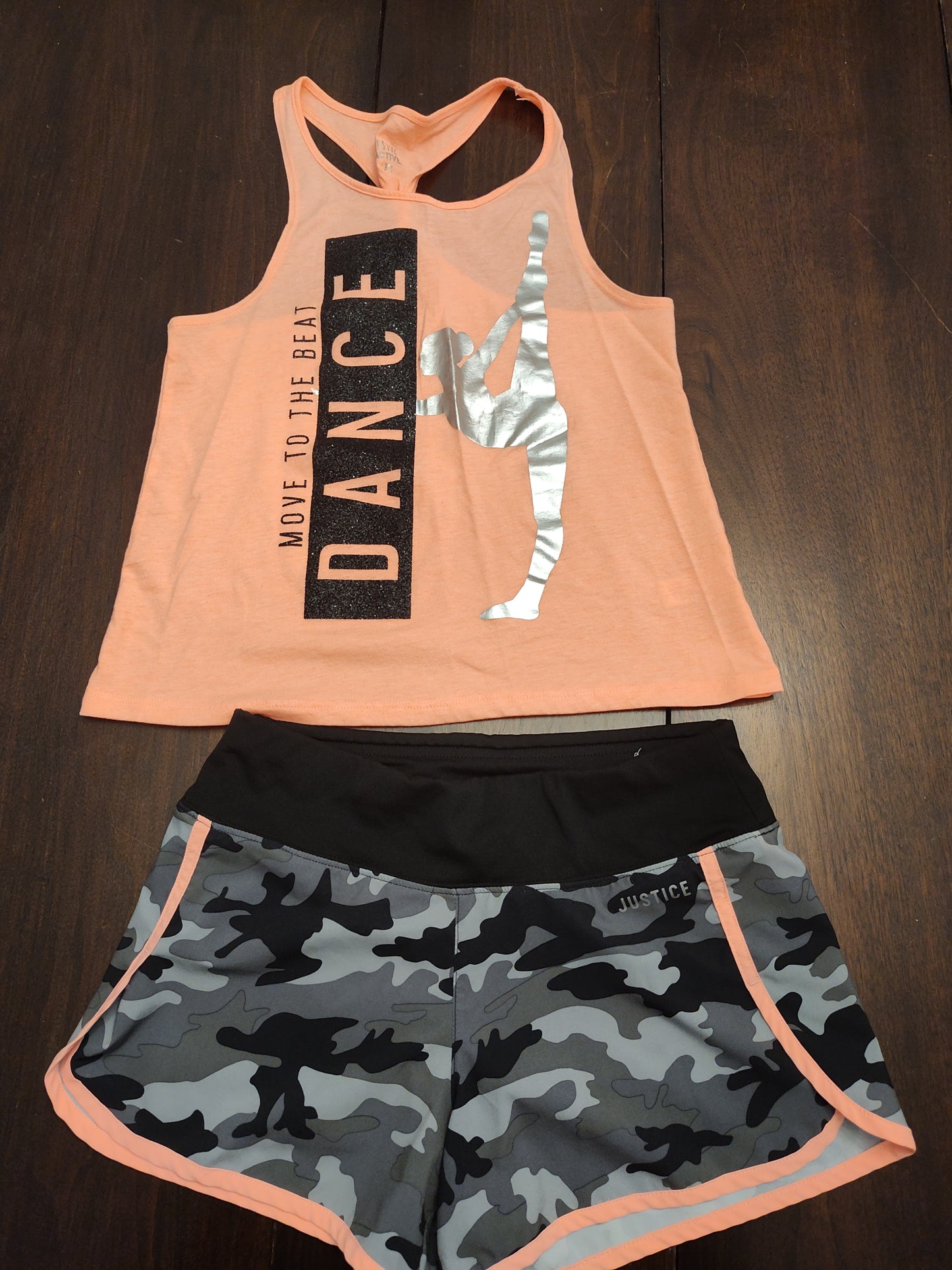 Seller 185:  Justice Girl's SIze 12 dance pink camo outfit