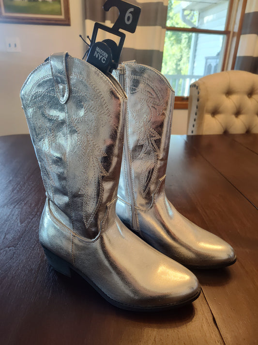 Seller 185:  Steve Madden NYC New Silver Cowboy Boots size 6 youth girls