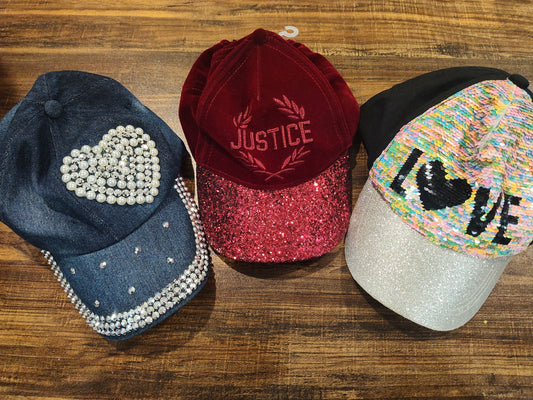 Seller 185:  Girl's Hats x 3 (2 Justice)  OSFM, fits best around preteen size