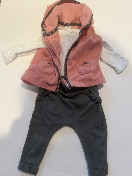 #170 3 piece outfit bundle—carters pink floral piping with bows on the pockets vest and gray ruffle pants and gerber white body suit girls 3 months