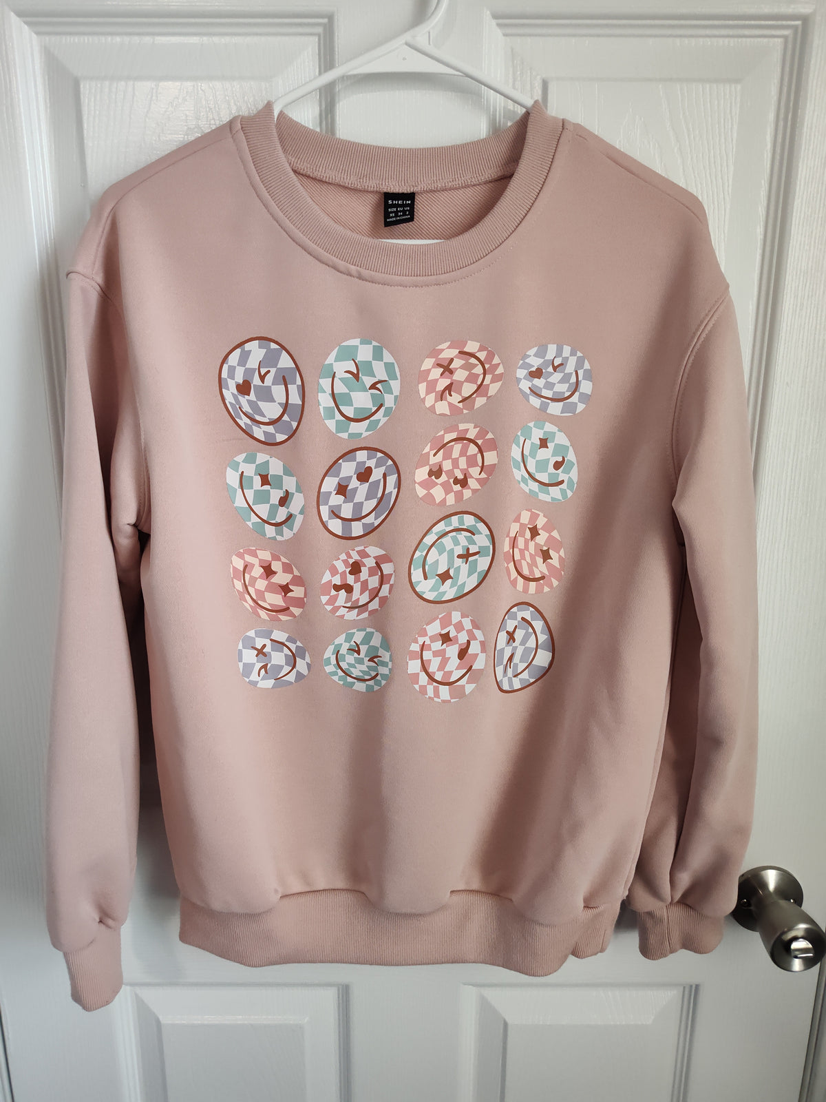 Seller 189:  Shein Oversized Sweatshirt Women's Size XS:  Blush Pink with smiley faces