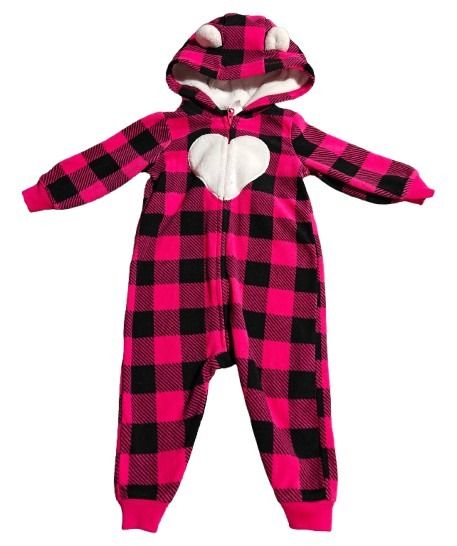 #7 Pink Plaid Footless, hooded PJs 9mo, Carters