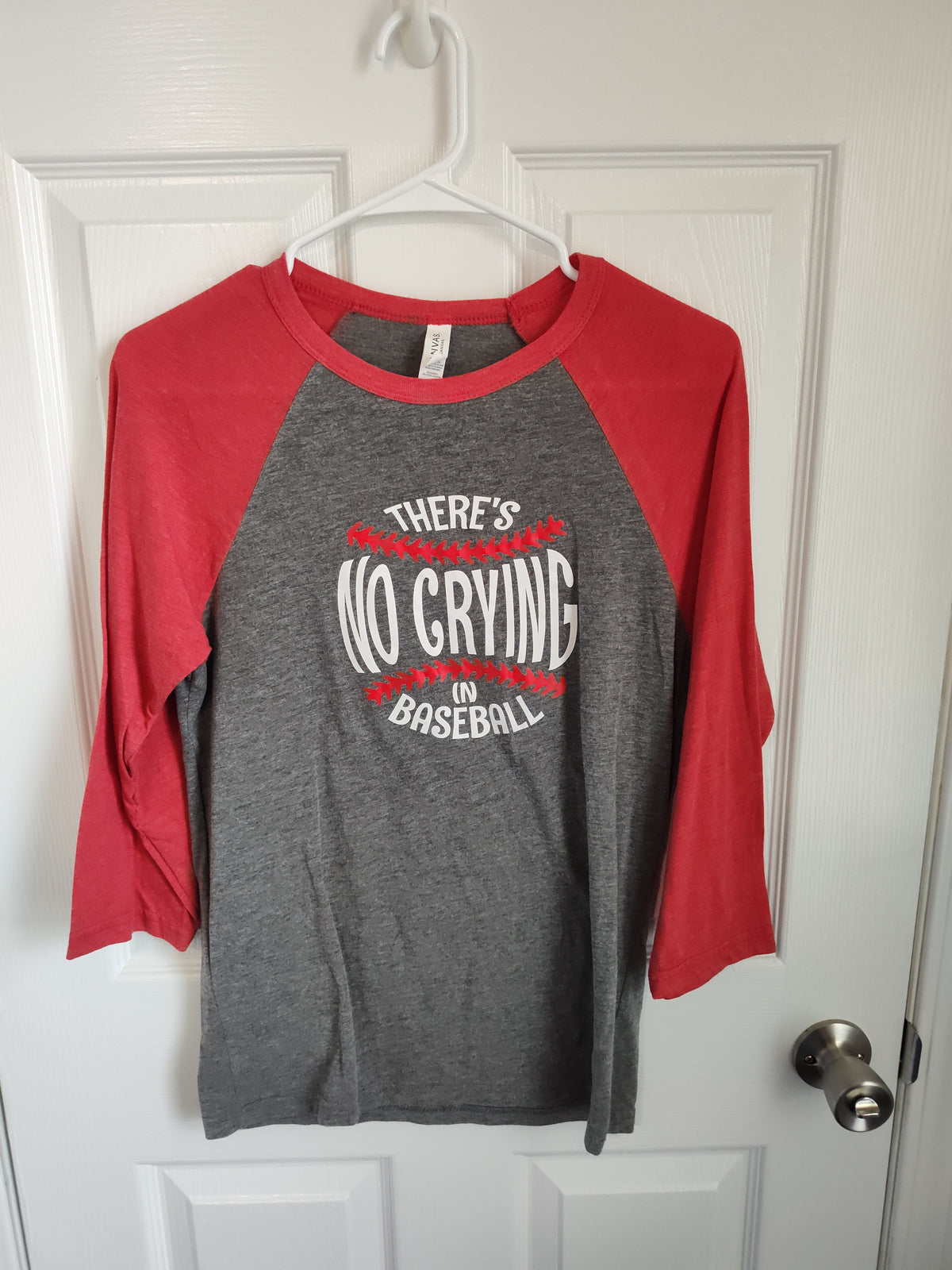 Seller 189:  Women's sz small No crying in baseball 3/4 sleeve