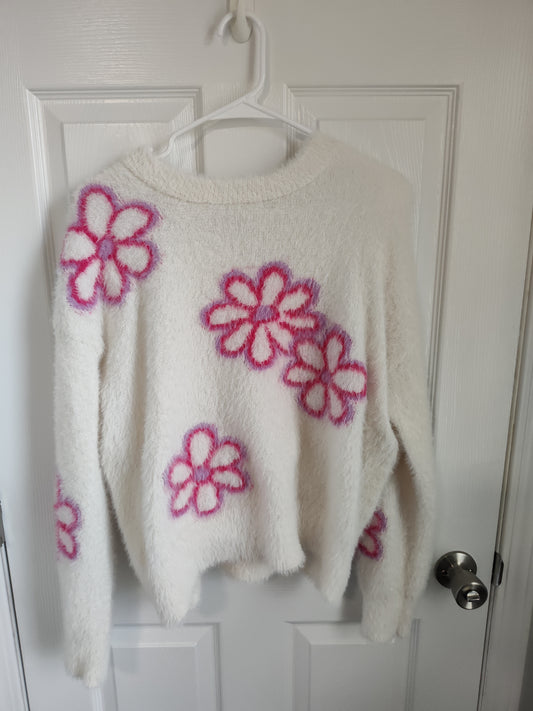 Seller 189:  Hooked Up women's flower fuzzy sweater size Medium