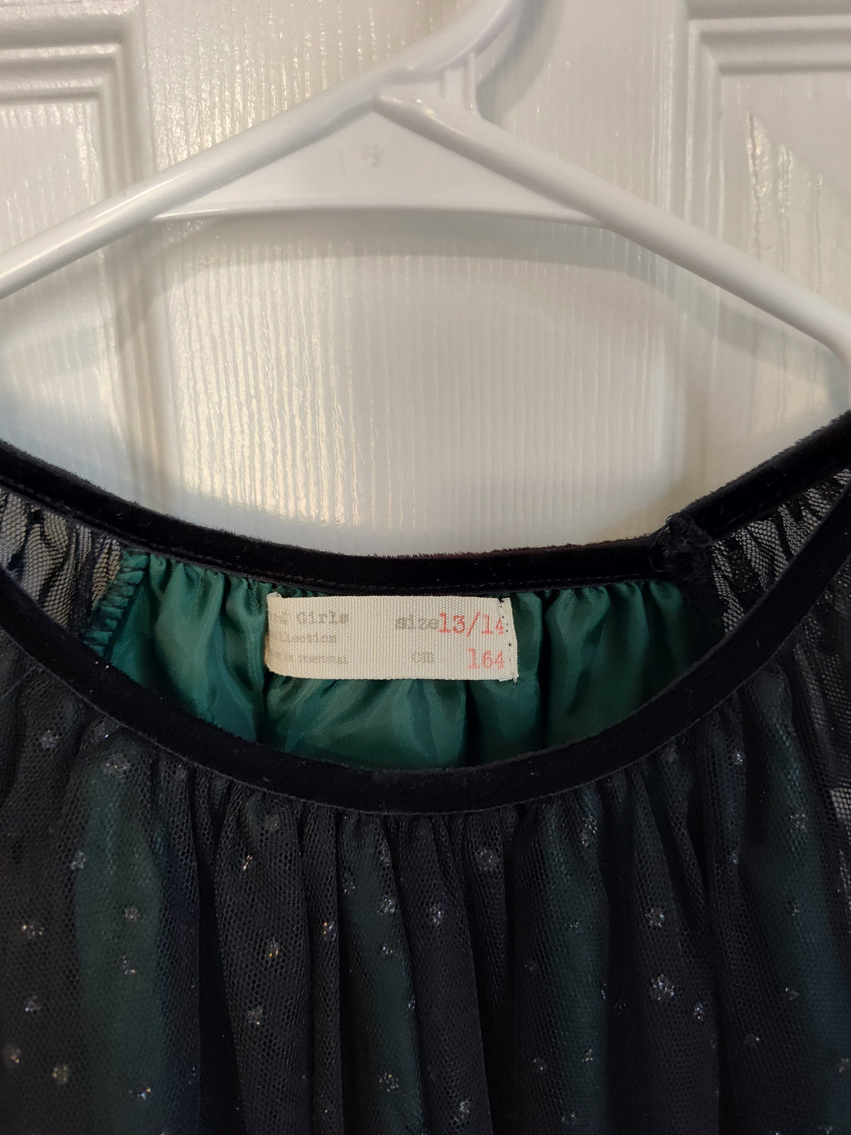 Seller 189:  Zara Girls Emerald Green Black Overlay dress size 13/14