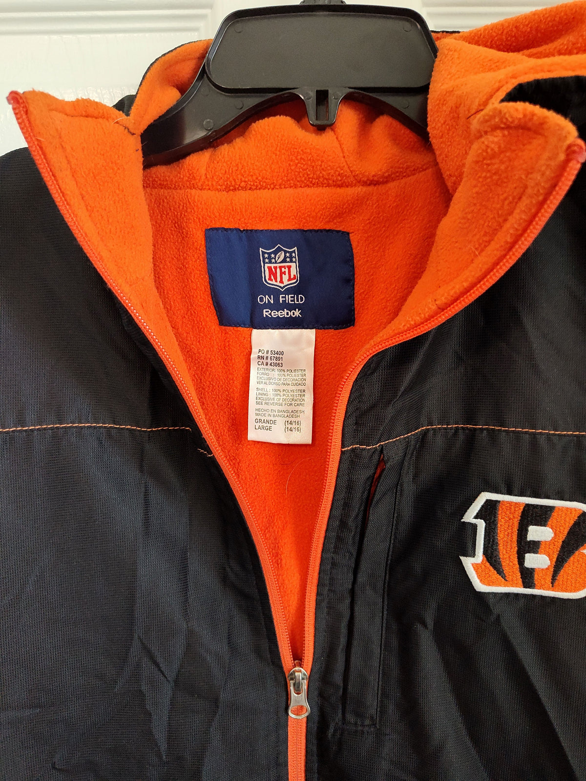 Seller 189:  Reebok On Field Bengals Coat (lined inside) boys size 14/16