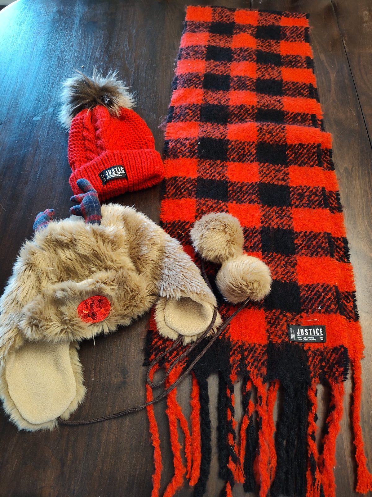 Seller 189:  Justice red hat/scarf set and no brand reindeer flap hat girl's school age size