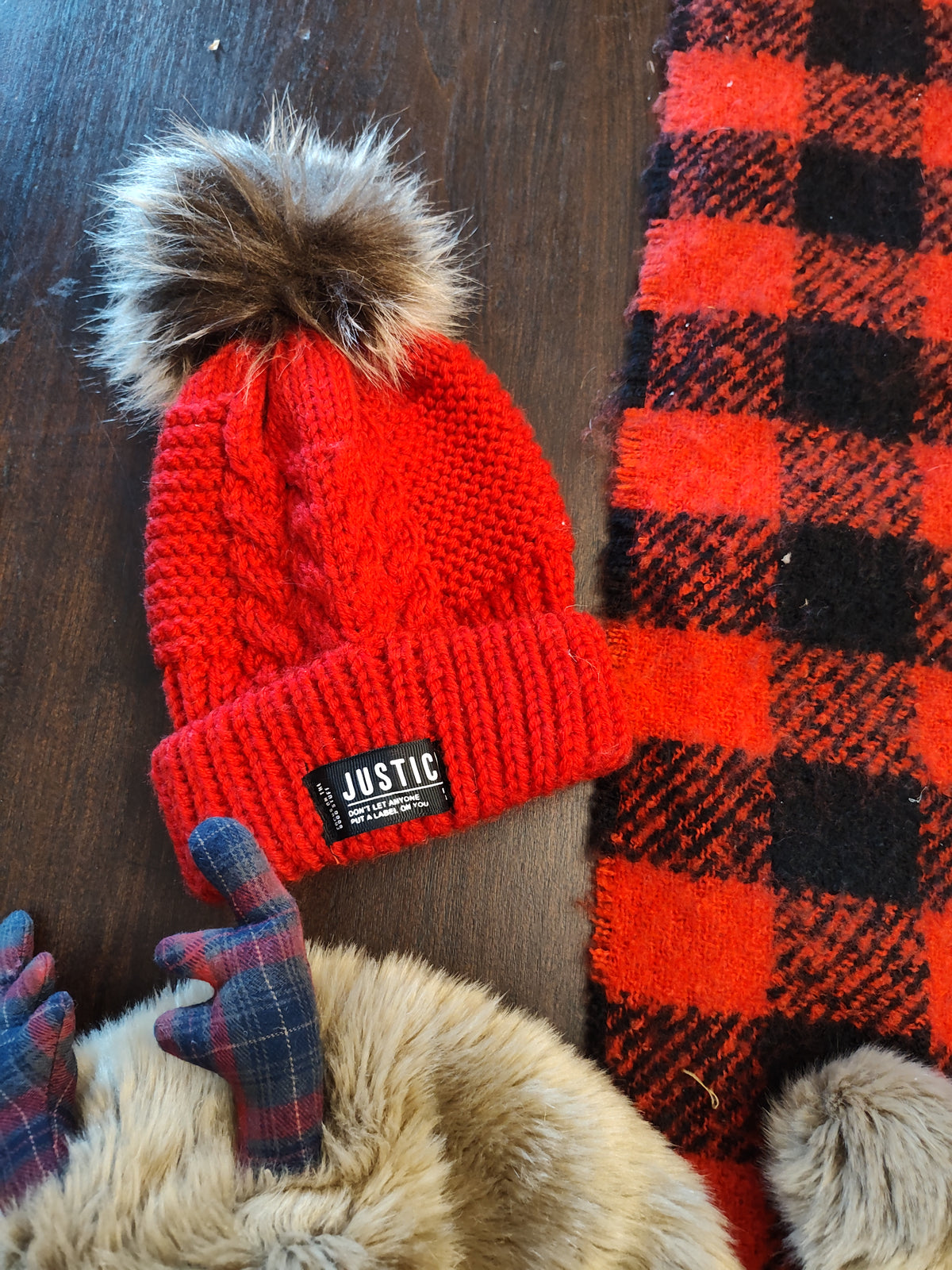 Seller 189:  Justice red hat/scarf set and no brand reindeer flap hat girl's school age size
